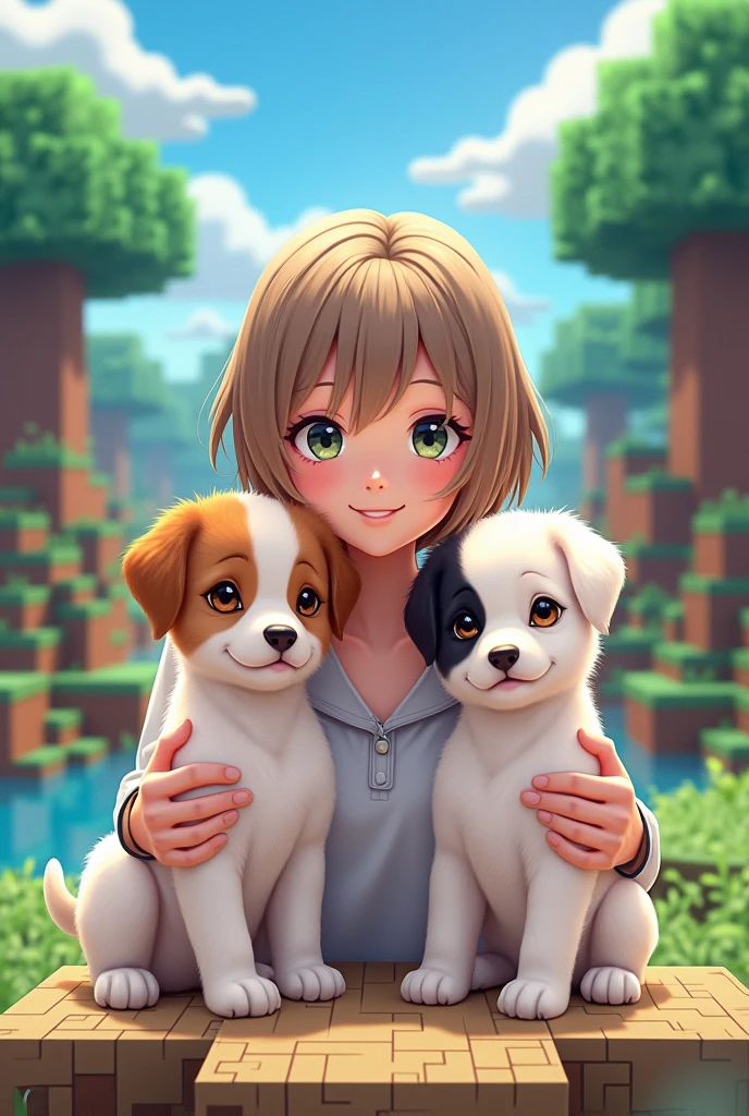 I want a souvenir photo, Of my two puppies, one was 1 and a half years old, brown with white, and the other was 2 months old, white with black spots., together with me, 21 year old woman, light brunette, small hair, that looks like behind a Minecraft sale, Let us see a landscape behind us, that it is style like anime