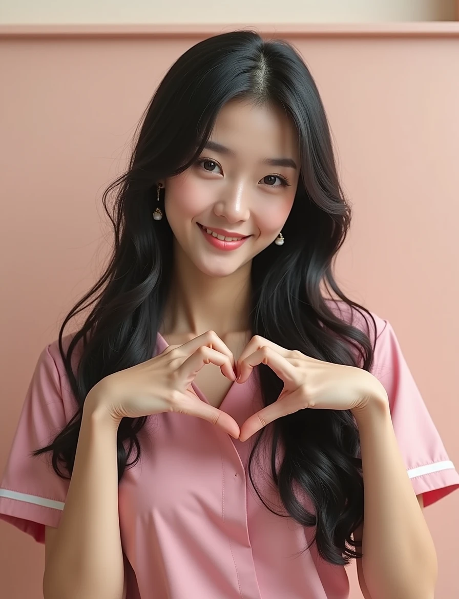 photograph, cowboy shot, woman with index fingers together making heart shape, smiling beautiful Japanese female nurse wearing pink nurse dress, hourglass figure, beautiful detailed face, black hair, pale skin, fair skin, realistic skin, detailed cloth texture, detailed hair texture, Perfect proportion, Anatomically correct, Highly detailed face and skin texture, private modern hospital room, looking at viewer, asian face , perfect anatomy, realistic