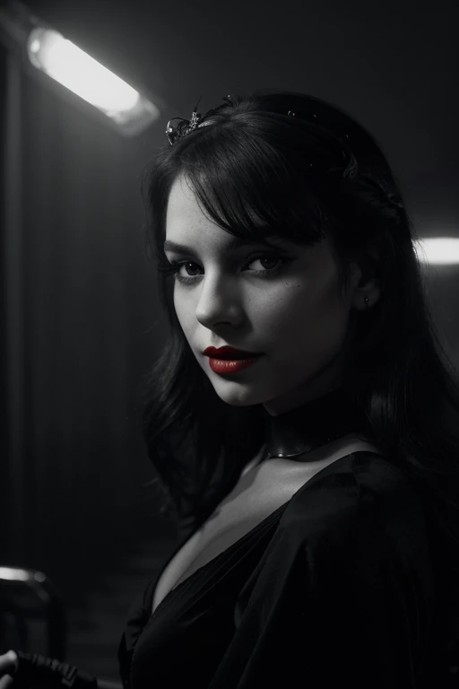 (silhouette,spotlight, American Indian woman,Sin_City_Style, monochrome,),(((close up portrait))), a beautiful young woman,:2.5,pale skin,clean skin,perfect skin,((red lipstick)),long wavy hair,Wearing a Tiara,Flaunting Vidal Sassoon's Five-Point Cut Haircut,Inside a 1950s Theater: Red seats, gold accents, velvet curtains, (simple background,dark background), (1950s style,retro,vintage, (((hard lighting, high contrast, bright lights, dark shadows))), ((flat colors))):1.8,SixtiesRamada,lowangleview-3000,defiance512,