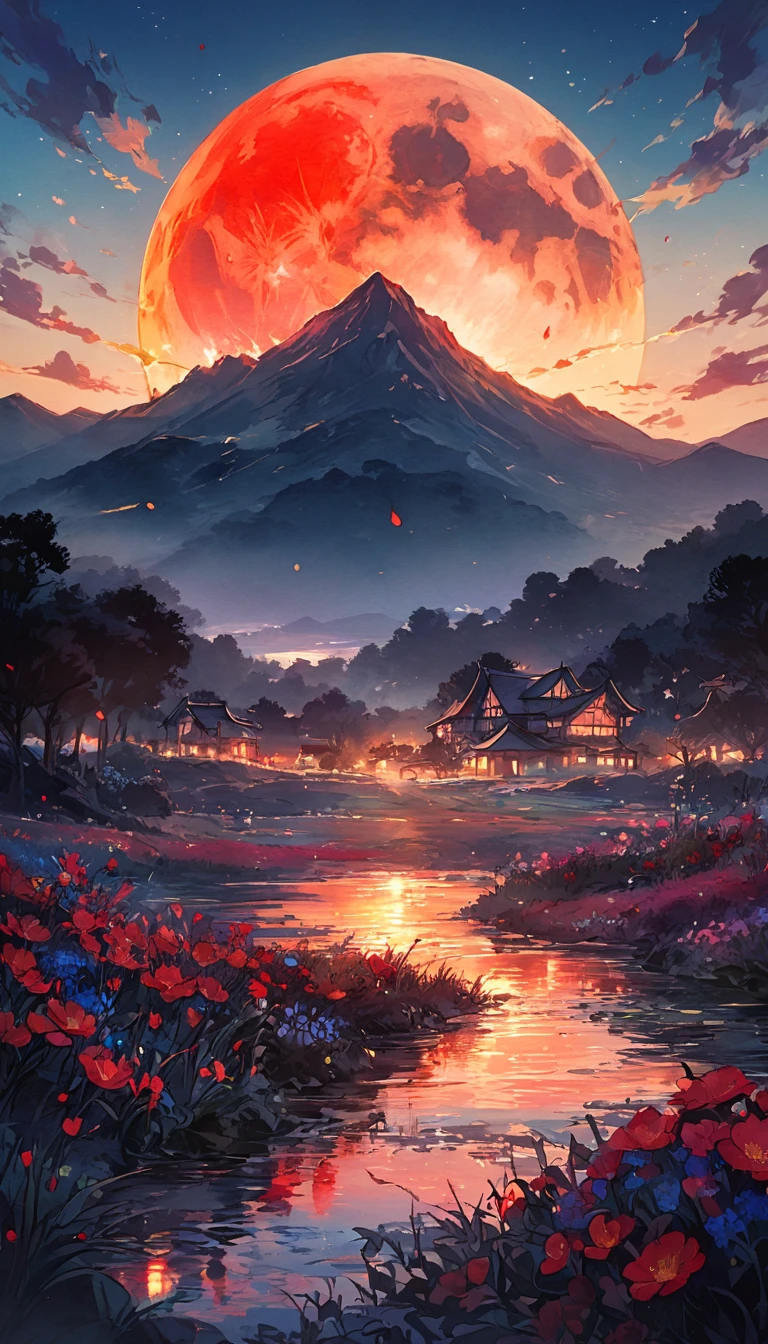 "Blood Moon Digital Watercolor Summer Landscape Sunset Illustration, Carne Griffith, Lee Min-jae, Anna Paula Hoppe, Stylized watercolor, complicated, complicatedなコントラスト, High resolution, sharp, Soft Cinematic Volumetric Lighting, Pastel colors like flowers, Wide Long Shot, A perfect masterpiece""Detailed Matte Painting, Dark color, wonderful, Exquisite detail, Splash screen, Complementary Color, Fantasy Concept Art, 8k resolution.high school girl