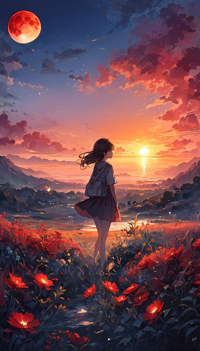 "Blood Moon Digital Watercolor Summer Landscape Sunset Illustration, Carne Griffith, Lee Min-jae, Anna Paula Hoppe, Stylized watercolor, complicated, complicatedなコントラスト, High resolution, sharp, Soft Cinematic Volumetric Lighting, Pastel colors like flowers, Wide Long Shot, A perfect masterpiece""Detailed Matte Painting, Dark color, wonderful, Exquisite detail, Splash screen, Complementary Color, Fantasy Concept Art, 8k resolution.high school girl