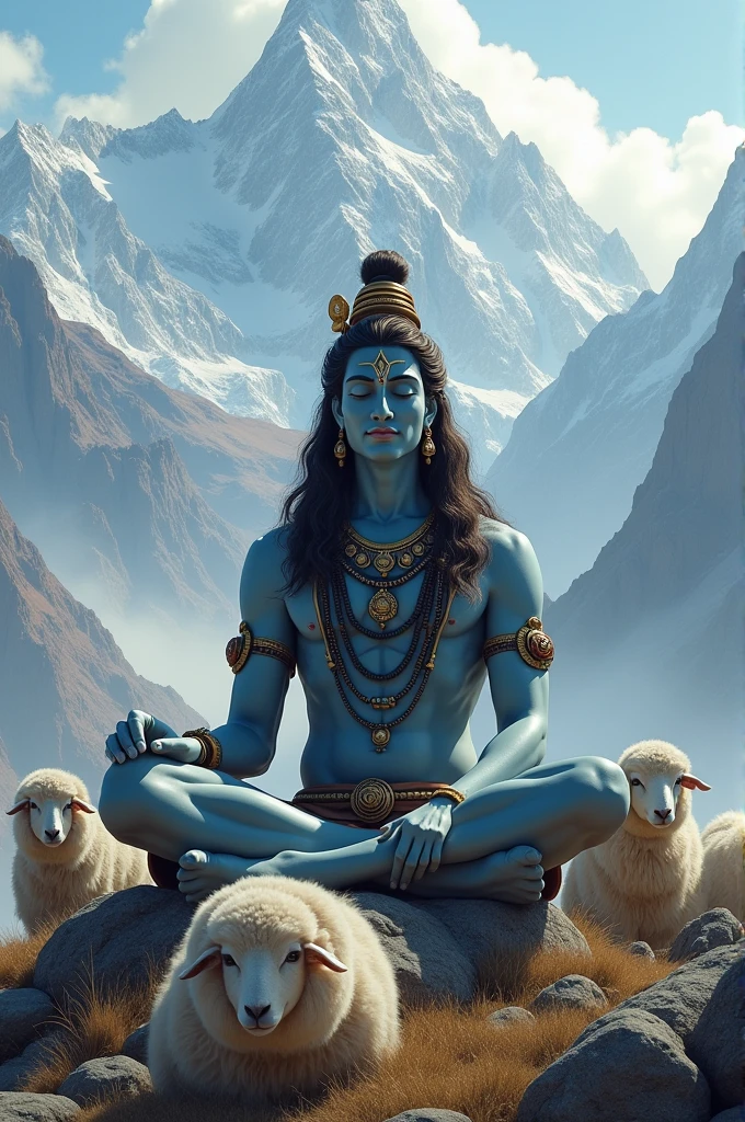 Shivji in Himalayas between sheep