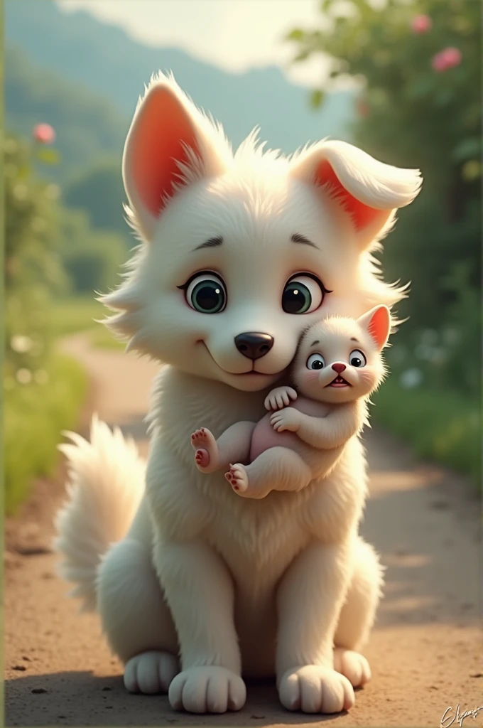 A white dog carries her sick child with her mouth in her lap and goes on road.