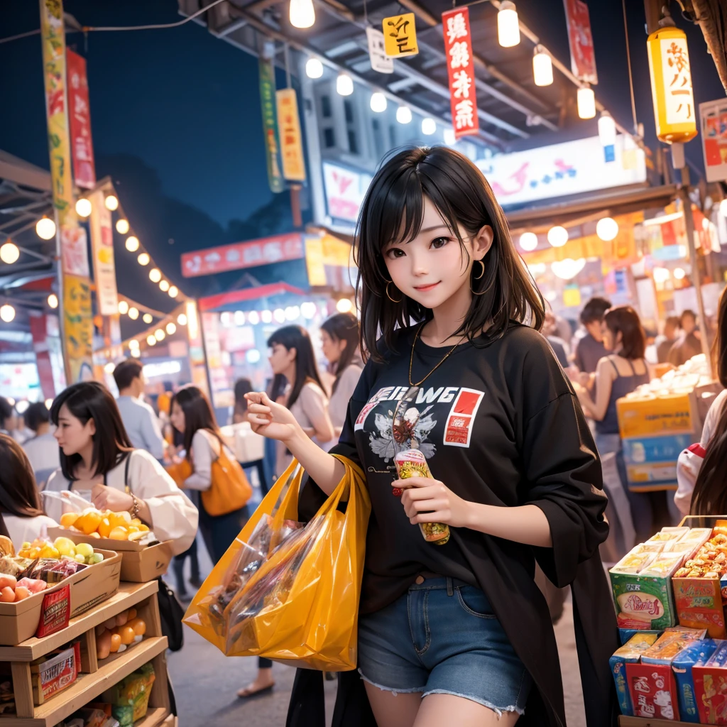 A lively night market. The woman is dressed in casual clothes, carrying snacks, and her face is full of joy and contentment.