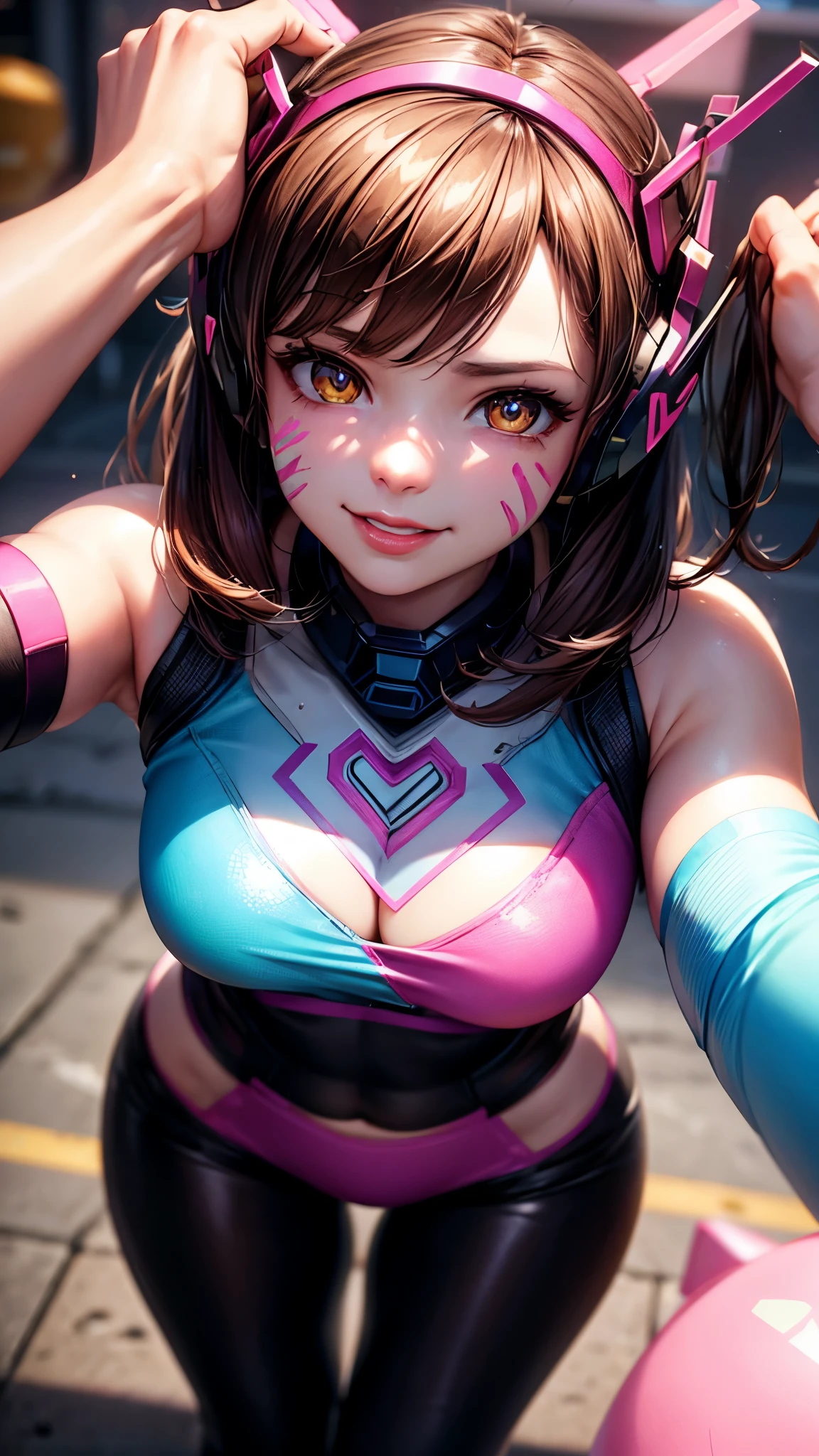 ((masterpiece)), Dva, Overwatch Dva, Dva headgear, Dva facepaint, brown hair, messy hair, heart-shaped pupils, amber eyes, seductive smile, cinematic lighting, sparkle, ray tracing, backlighting, drop shadow, pov, blurry foreground, from above, UHD, 4K, best quality, latex leggings, (((focus on lips))), ((face shot))