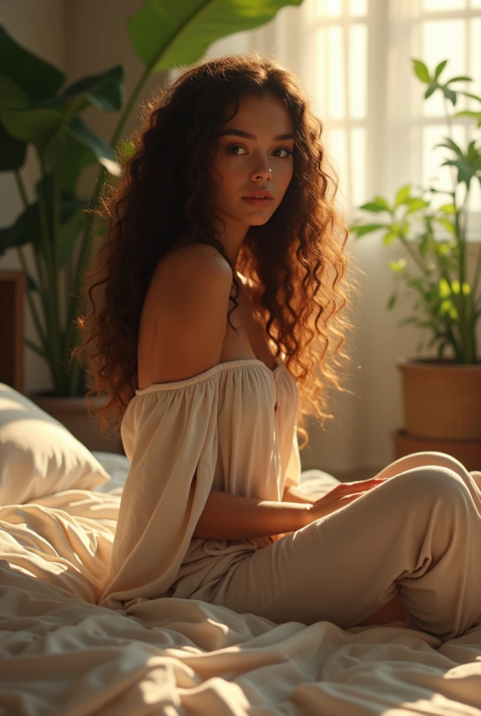(photorealism:1.2), beautiful woman, sitting on bed, wearing loose off-shoulder top, pajama pants, long curly hair, indoors, soft lighting, plants in background, window with sunlight, cozy room, relaxed pose, realistic, intricate details, warm colors, by Greg Rutkowski, by Alphonse Mucha