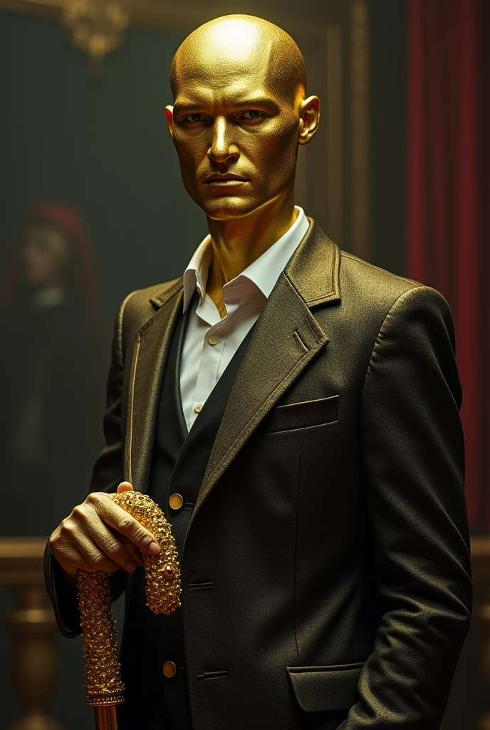 Create a man with a face of solid gold, in a suit, and with a gold cane studded with diamonds