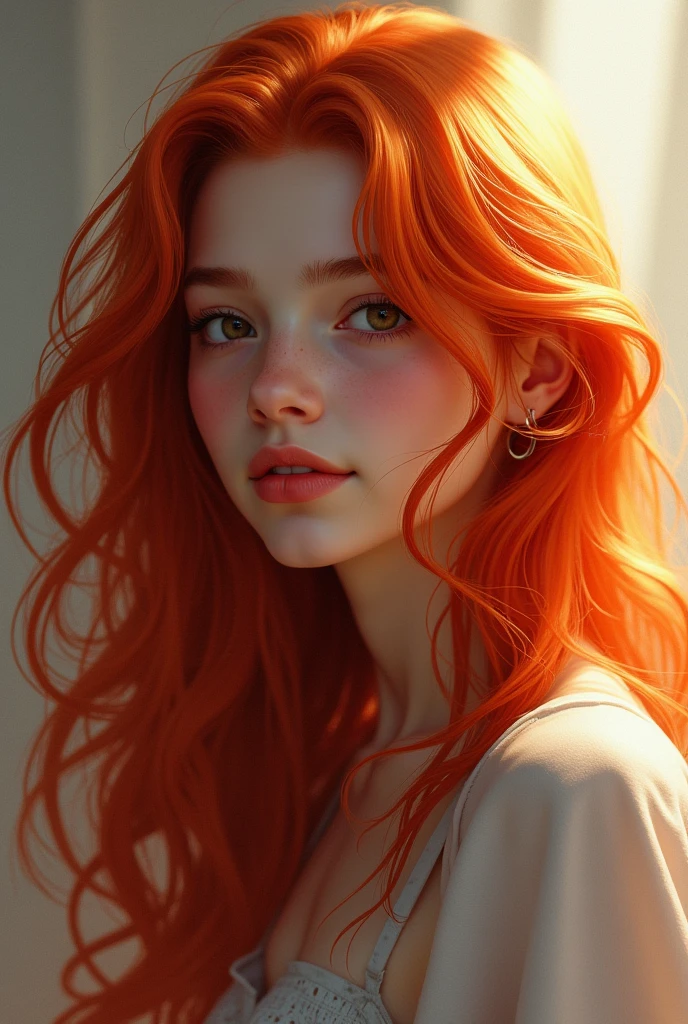 redhead with long curly hair, she has lots of freckles, she has dark green eyes/marrons et elle fait partie de la maison poufsouffle dans harry potter