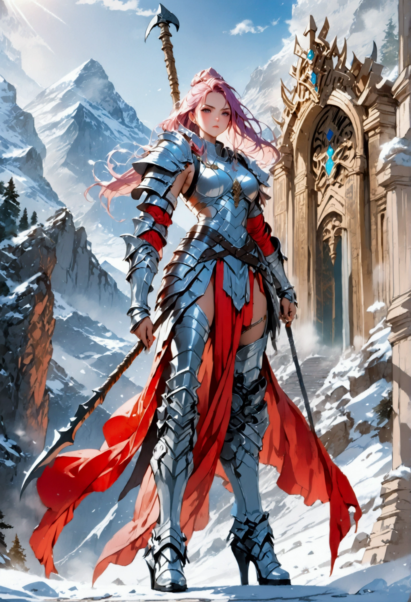 a fantasy art illustration of a female giant knight armed with a ((mighty battleaxe: 1.5)) standing at the temple gates built on snowy mountain, (((she is as tall as the mountain: 1.3))) a wild beautiful, exotic beautiful giant knight, ((anatomically correct: 1.5), (ultra detailed face: 1.2), best detailed face, dynamic hair color, dynamic hair style, armed with a giant axe, shiny axe, its blade reflects the sunlight, studded with gems, wearing metal armor, dynamic armor color, wearing high heeled boots, standing near a fantasy temple, magnificent temple, with a tower, on snowy mountain (((she is as tall as the mountain:1.3))), vibrant, Hyperrealism style, vibrant, Ultra-high resolution, High Contrast, (masterpiece:1.5), highest quality, Best aesthetics), best details, best quality, highres, ultra wide angle, 16k, [ultra detailed], masterpiece, best quality, (extremely detailed) RAW, rpg portrait battleaxe