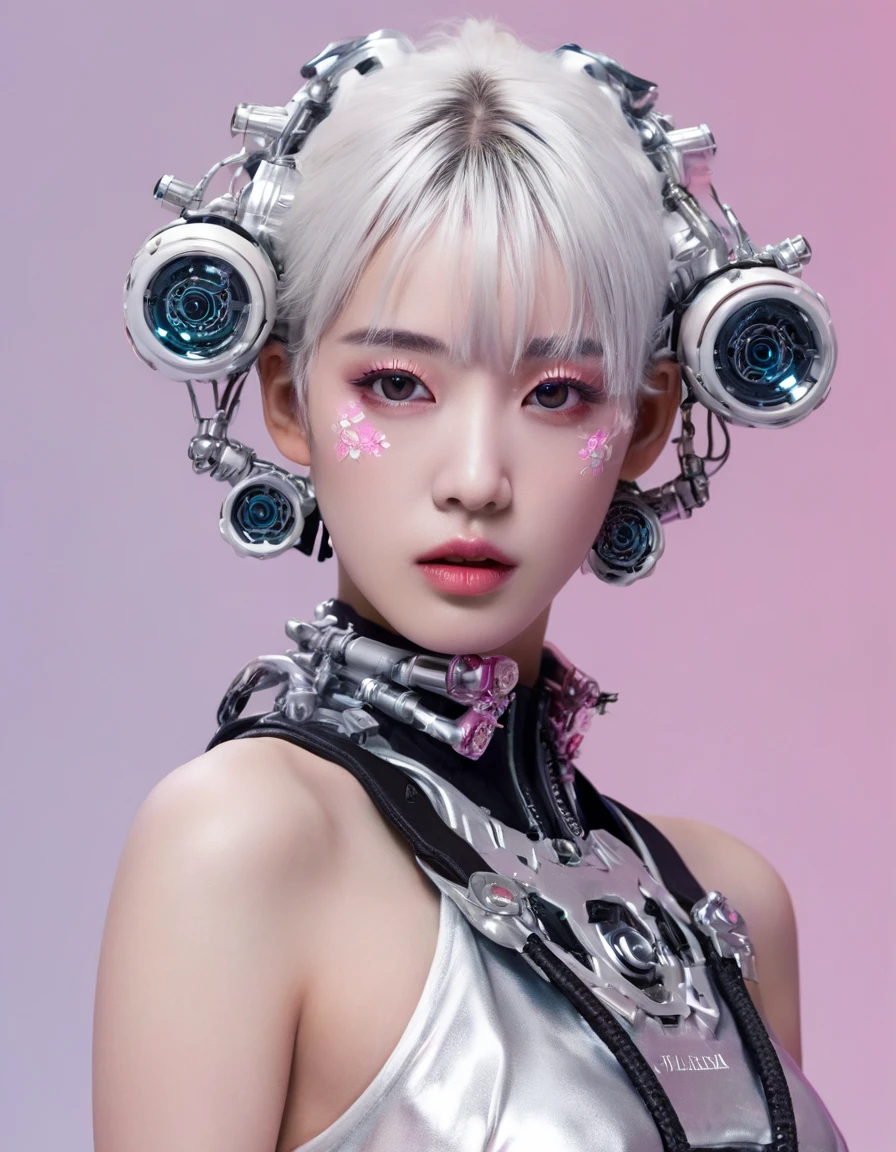 An extraordinarily detailed close-up portrait of an android-human hybrid K-pop idol, showcasing her striking Skell cyberpunk appearance. Her face is adorned with intricate mechanical implants, while her white hair has a subtle pink hue. She bite a flower, her cyborg hand covered her eyes, high contrast, upscale sharpness, reflective environtment, unreal engine, space cyborg japan style. Wear anthena, cyborg mouth ,The background features a soft, dreamy style, contrasting with her metallic and glossy chrome features. This captivating image was expertly captured with a Fujifilm XT-10 camera, delivering an ultra-high 8K resolution for breathtaking detail. The hyper-realistic photo exhibits the skill of award-winning photography. Wet glossy make up realistic