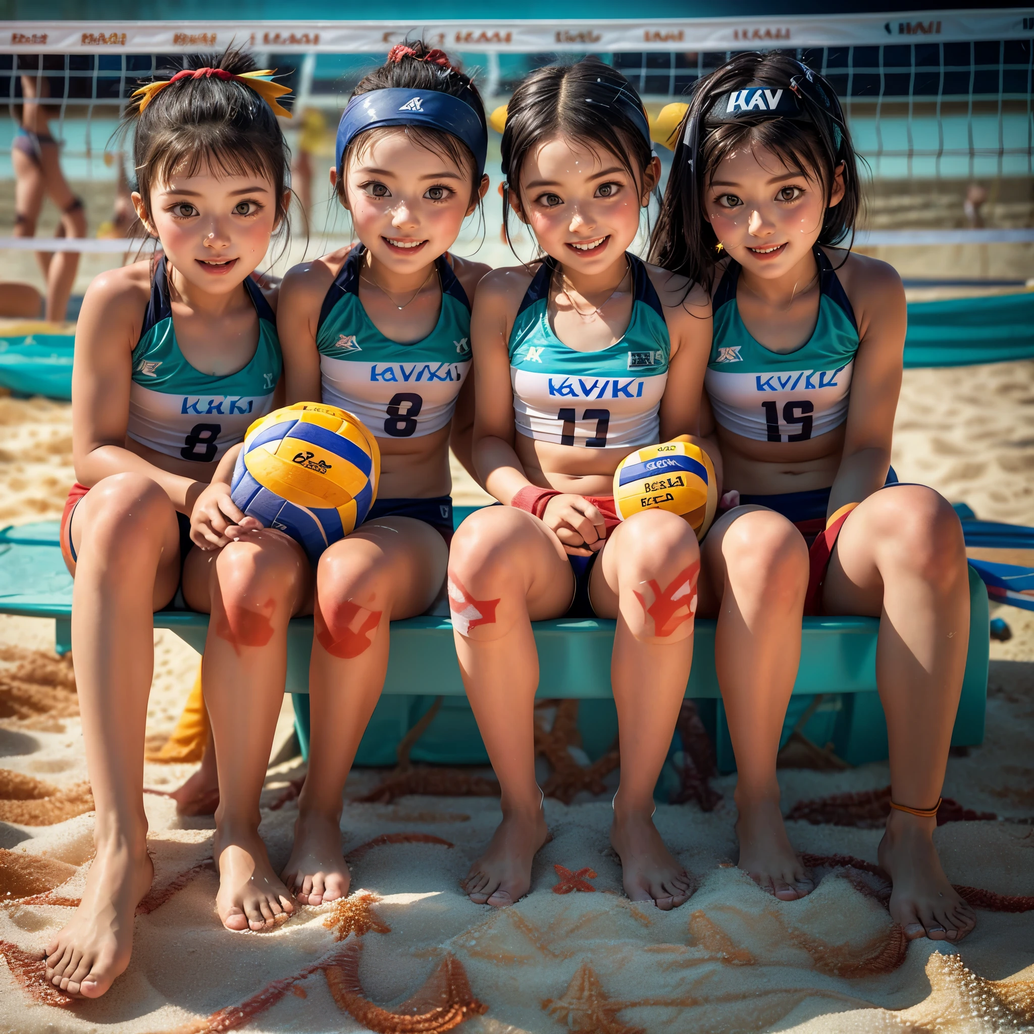 ExtremelyDetailed (((Beach Volleyball Team Kawaii Kids in a row:1.4))), Childish perfect face, Reflective Eyes, Detailed(Delicate Clothing textures), Corrected Leg to Foot Line, Corrected Perfect Hand, Dynamic Joyful Expressions LifeLike Rendering, ((Specular Reflection:0.5)), TopQuality 8K Ultra-detailed masterpiece (ProfessionalPhoto:1.37)(Acutance:0.8),(Luminism:1.28),