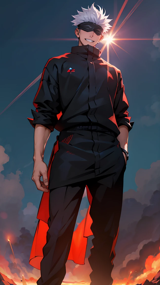 One person, Full Body Shot, Satoru Gojo, Blindfold, Black clothes, Gray Hair, Battlestand, Red magic energy ball on the right,Blue magic energy ball on the left, Grin, Red and Blue Aura Background, wallpaper, Cinematic,High resolution8k, Bright lighting, Lens flare, Sharpness, masterpiece, Highest quality, 超High resolution, High resolution, Highly detailed CG, Anime Style, Film Portrait Photography,
