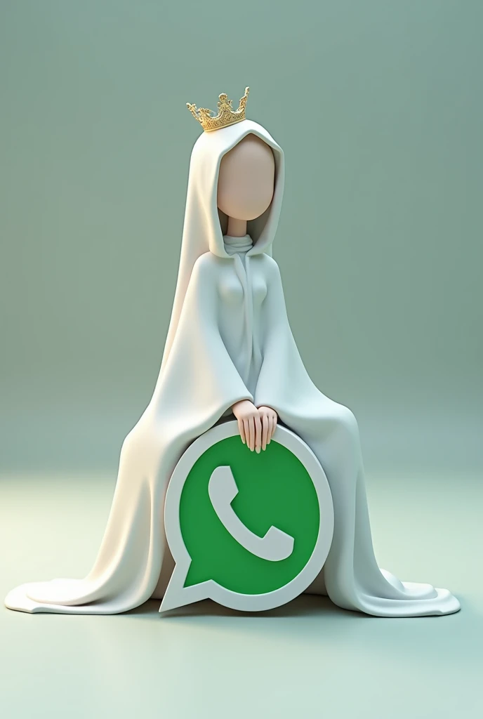 Create a 3D illustration of a character,sitting on the side above the social network icon "Whatsapp". The character is a girl in a white hijab, no face from the back, there is a crown on her head,her hijab is released on the whatsapp icon,background in the background computer main page profile in whatsapp in the background whatsapp icon
