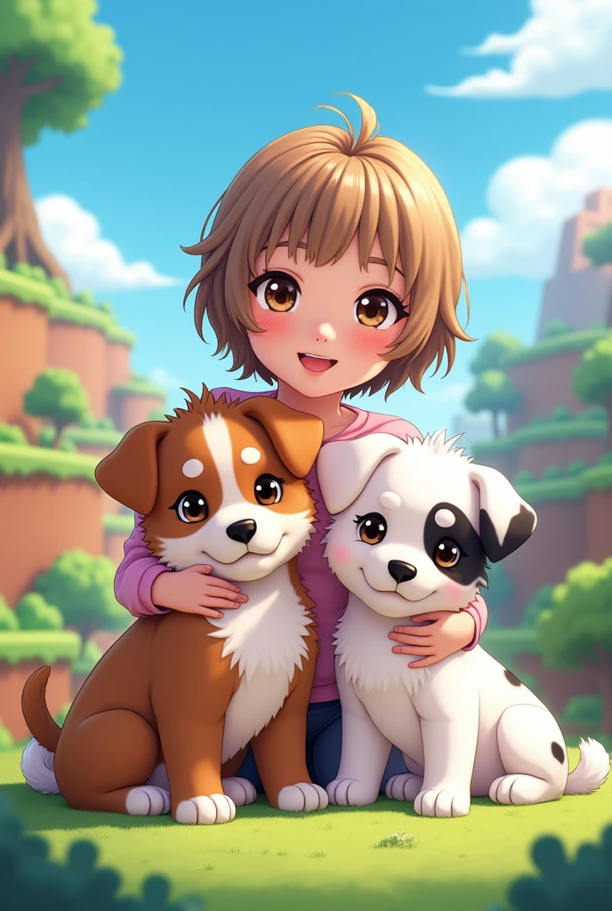 I want a souvenir photo, Of my two puppies, one was 1 and a half years old, brown with white, and the other was 2 months old, white with black spots., together with me, 21 year old woman, light brunette, small hair, that looks like behind a Minecraft sale, Let us see a landscape behind us, that it is style like anime