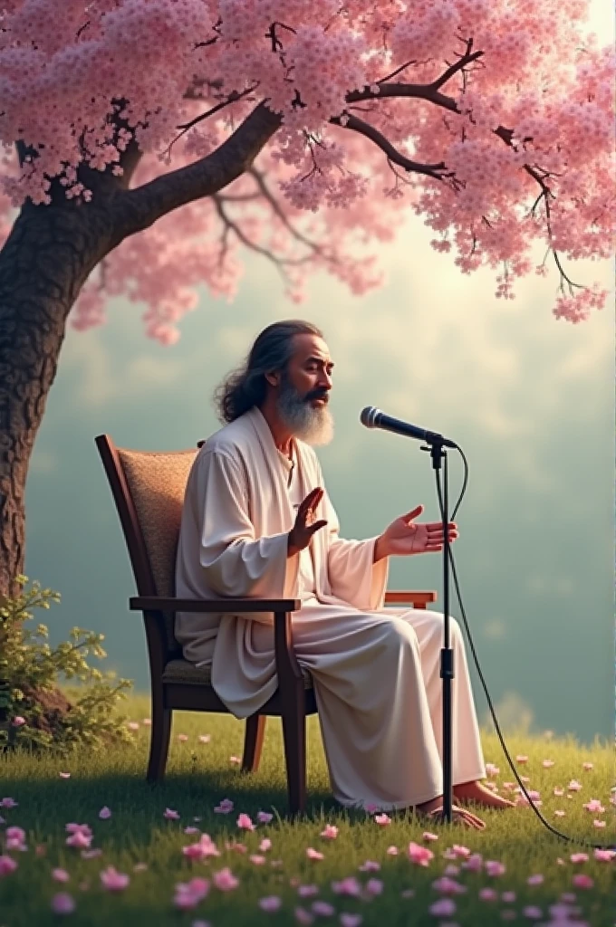 Generete osho picture while something speaking on mike and he sit on a chair under a cherry blossom tree.