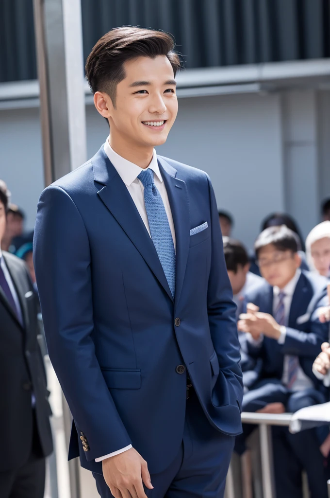 (masterpiece:1.1),(best quality:1.1),1 boy,soft light,man jxx,smile,look at the audience,Navy suit jacket, light bluetie,
