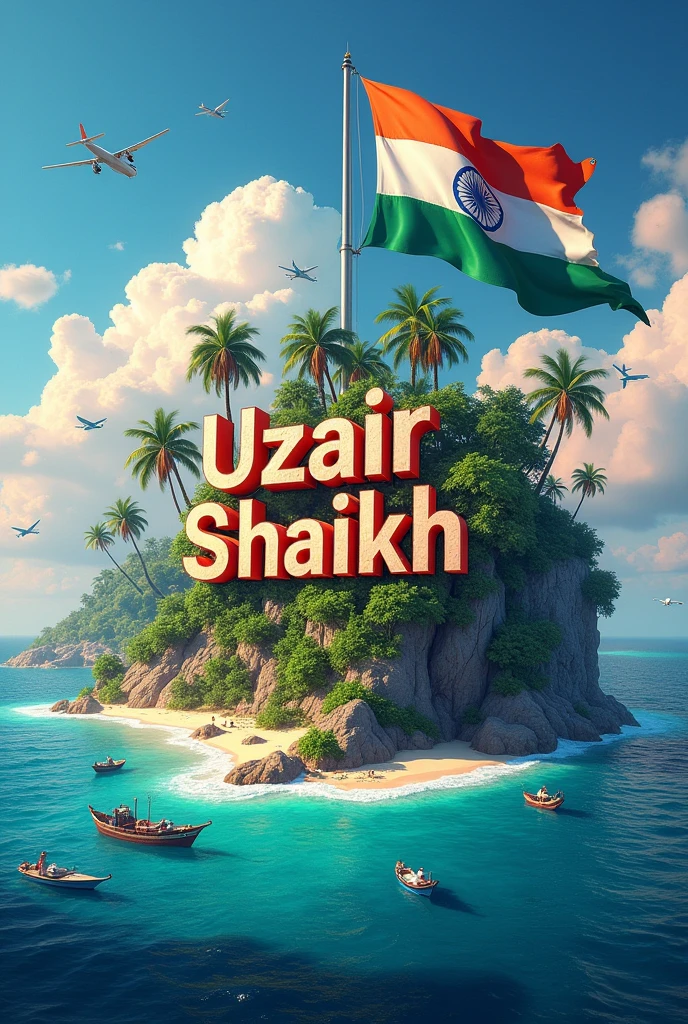 A tropical island with the name "Uzair Shaikh " written on a large sign, an Indian flag waving in the foreground, and various boats and aircraft in the background against a colorful sky