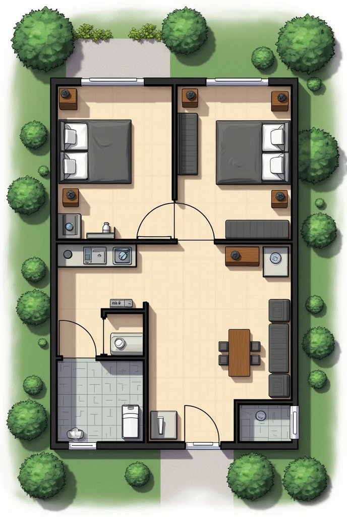 I want a one-story house with 2 bedrooms, 2 bathrooms, one between the two rooms and the other next to the laundry center, 1 car wash center, 1 room, kitchen and patio that is a common house type infonavit with all its furniture