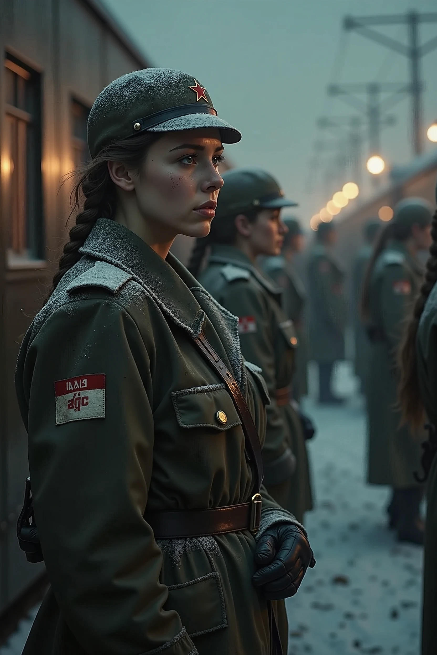 masterpiece, best quality,Soviet female soldiers,World War II,TRAIN STATION,About to travel,dimly lit scene,Dim Lights,Snow