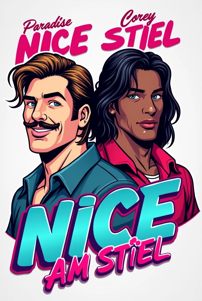 RANDY and COREY need a significant logo for a YouTube channel which contains topics like movies, action figures, cosplays, video games and pop culture. the name of channel is NICE AM STIEL which is a german pun for a popsicle which means EIS AM STIEL in german. please visualize a proper logo with the likeness of a popsicle and everything I mentioned in the description. Be sure that the logo looks like two 80's characters like the main protagonists from MIAMI VICE - made them out of popsicle, one Male has a mustache, a Mullet and a light skin tone and the other Male has slightly longer black hair and a brown skin tone but most importantly the Logo as to feature the name NICE AM STIEL put the Names "Randy Paradise & Corey Walkman" above that characters be sure that the characters ar two males and DO NOT miss out the popsicle theme. Also do not forget the names: RANDY PARADISE and COREY WALKMAN