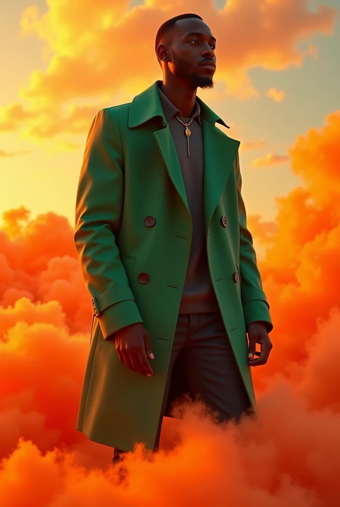 The album cover shows a short-haired black man standing on orange clouds Artist-esque. He was wearing a green trench coat. Forming the contours of his face. The album cover is cinematic and surreal, like a 3D rendering.