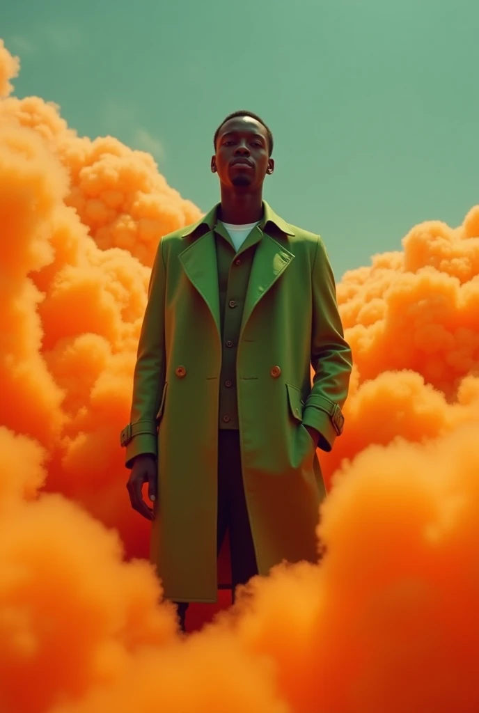 The album cover shows a short-haired black man standing on orange clouds Artist-esque. He was wearing a green trench coat. Forming the contours of his face. The album cover is cinematic and surreal, like a 3D rendering.