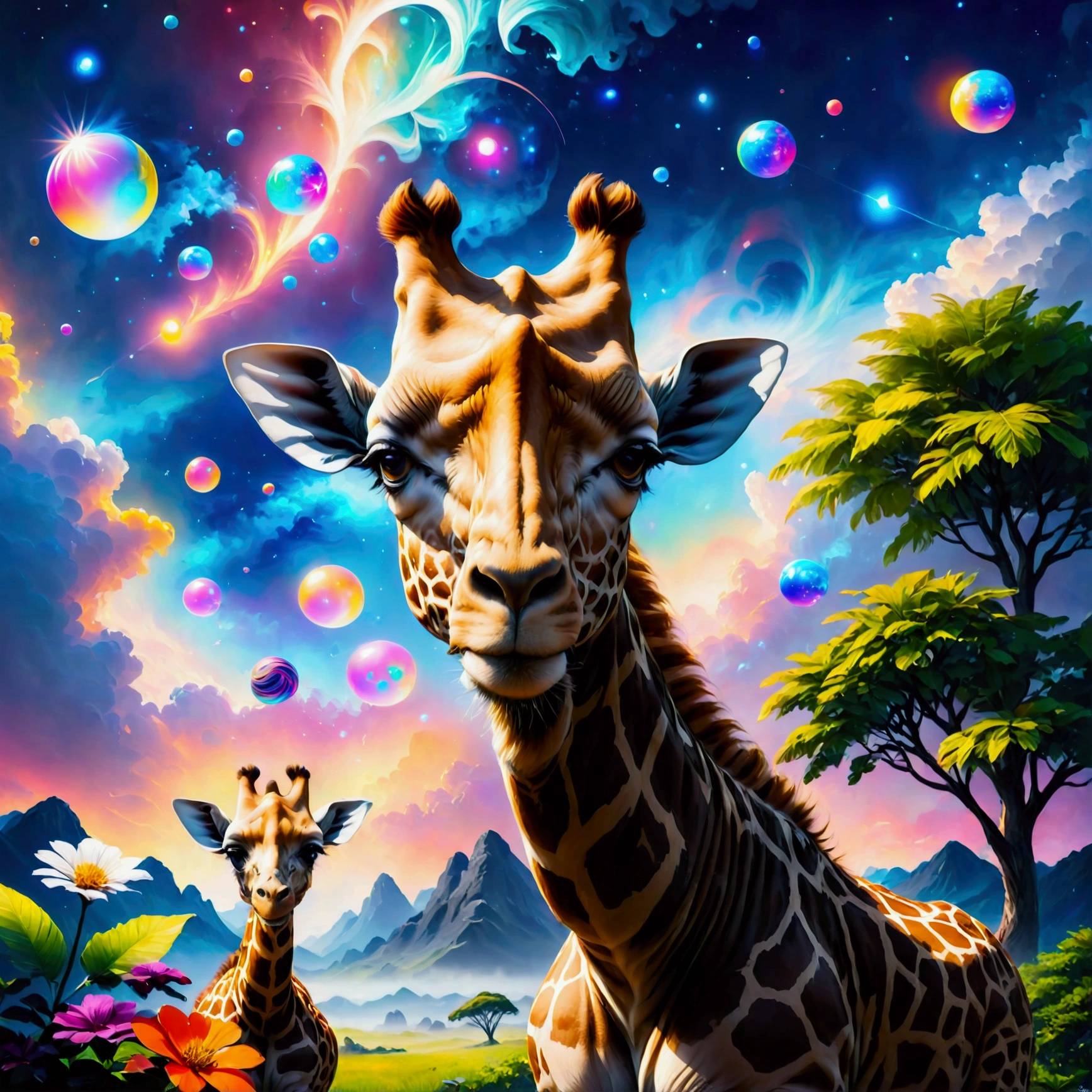 非常に詳細で複雑なデザインを特徴とする高品質な4KマスターピースCG画pictureです。African Savanna,In the center is、picture、Lion、giraffe、Looking up and smiling々Animals。The eyes are very detailed、The happy expressions on the animals' faces stand out.。Background is in neon pop abstract art style、A lot of bubbles flowing in detail、It features a slowly moving chain.。overall、picture達の幸福感とダイナミックな背景要素に焦点を当てた、It's a vivid and complex image.。