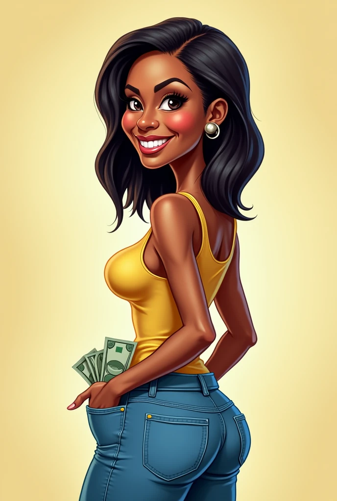 caricature of a 35 year old Brazilian woman smiling, light black woman with straight, short hair down to her shoulders, thin but with a big butt turned a little to the side and with her pants pockets full of money, falling out
