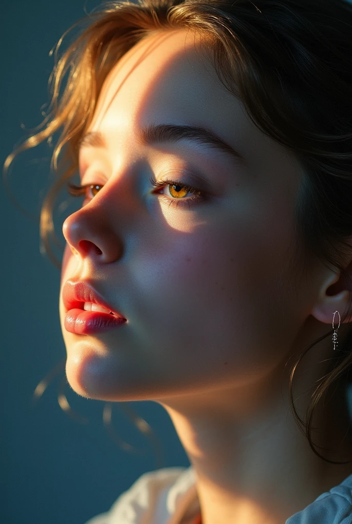 Young face, angelic, tender, innocent, feminine, Beautiful and delicate, yellow lighting, blue shadows, the lighting comes from the left, The face is facing forward and tilted upwards, dark blonde hair, skin very white, closed eyes, expression of peace, and very saturated colors, front face, thin lips, aspect , head tilted up