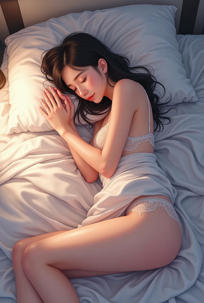 20 year old, woman, sleeping, bed, several sheets on top of her, she sleeps very excessively, full body, anime, lingerie