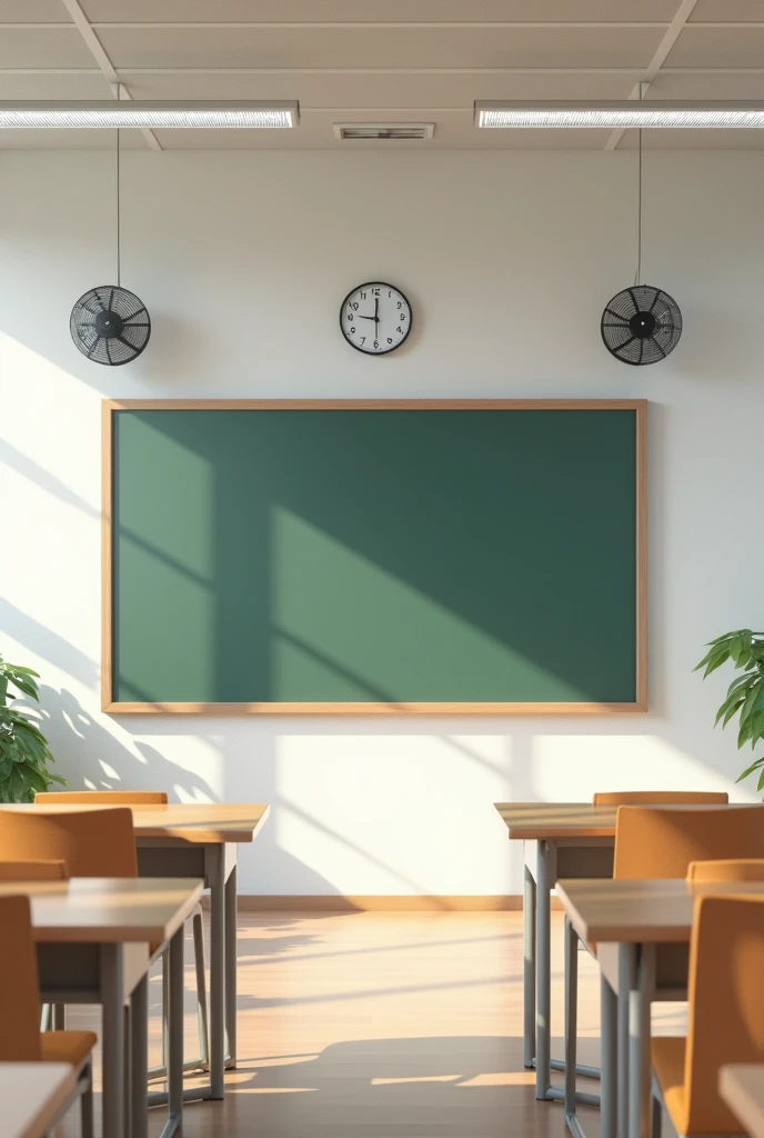 (photorealism:1.2), Classroom with clock and blackboard, tables chairs and fans with minimal designs, natural lighting, good ventilation and integrated technologies for teaching