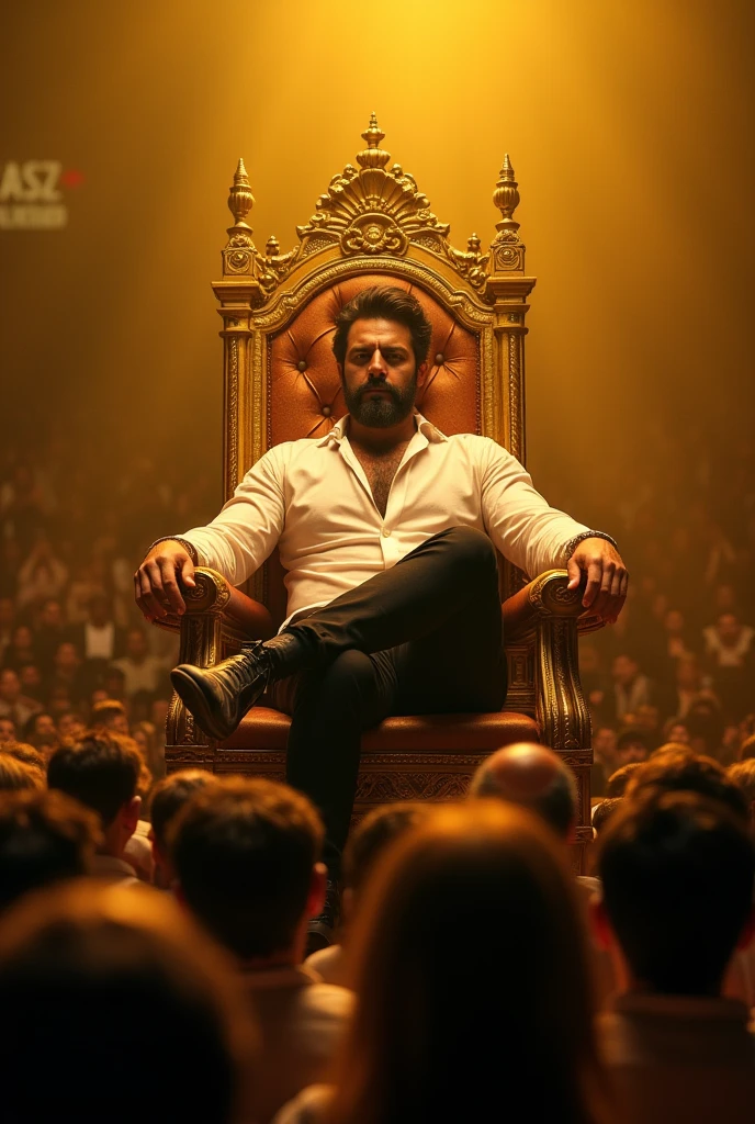 A man with dark hair and beard sitting In golden king chair in centre of people crowd men the man wearing white shirt and black pant in night time yellow light performing in stage