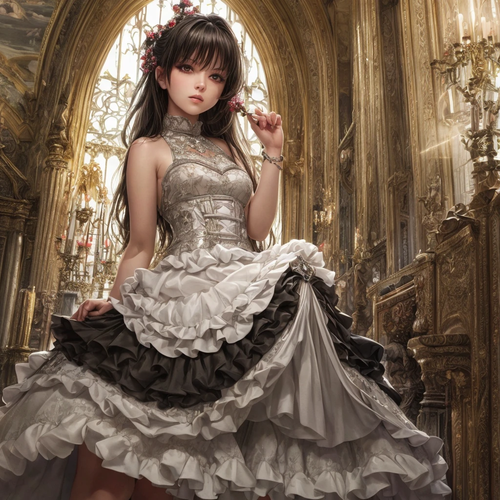 lolita girl in a majestic cathedral, beautiful detailed eyes, beautiful detailed lips, extremely detailed eyes and face, long eyelashes, elegant gothic dress with a skirt full of frills, red accent embroidery, long shining white hair, mysteriously glowing crimson eyes, queen, crystal flower, sparkling stained glass like a kaleidoscope, layered skirt with detailed embroidery, very layered ruffles, detailed texture, a geometric magic circle above her head, ornamented silver walking stick, the hidden forbidden sanctuary, cool pose, glamour, from below, (best quality,4k,8k,highres,masterpiece:1.2),ultra-detailed,(realistic,photorealistic,photo-realistic:1.37),HDR,UHD,studio lighting,ultra-fine painting,sharp focus,physically-based rendering,extreme detail description,professional,vivid colors,bokeh