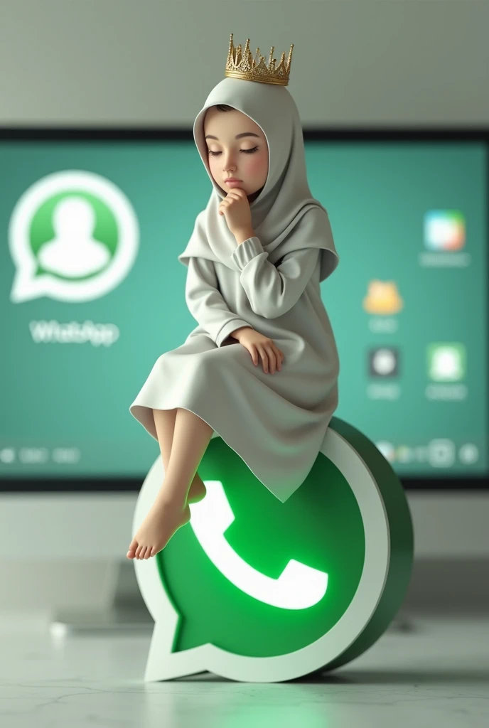 Create a 3D illustration of a character,sitting on the side above the social network icon "Whatsapp". The character is a girl in a white hijab, no face from the back, there is a crown on her head,Her ,background in the background computer main page profile in whatsapp in the background whatsapp icon