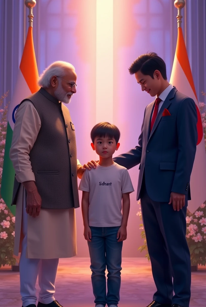 I want to be with Narendra Modi with Han Duck-soo          
There should be a teenager boy in the middle 
sidhant should be written on his t-shirt font size small And you want Korea flag, Indian flag, adjust the  background as per your choice, it should be a little purple and orange.