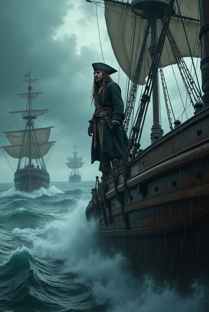 captain jack sparrow in his ship and enemies are fallowing him to attack with very big ships. captain jack sparrow is on the main mast. dark atmosphere ,rough sea ,rainy and big waves.


