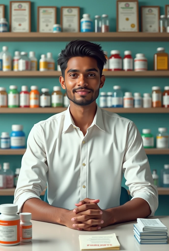 Draw a image of 22years old indian young man, sitting inside a medical shop