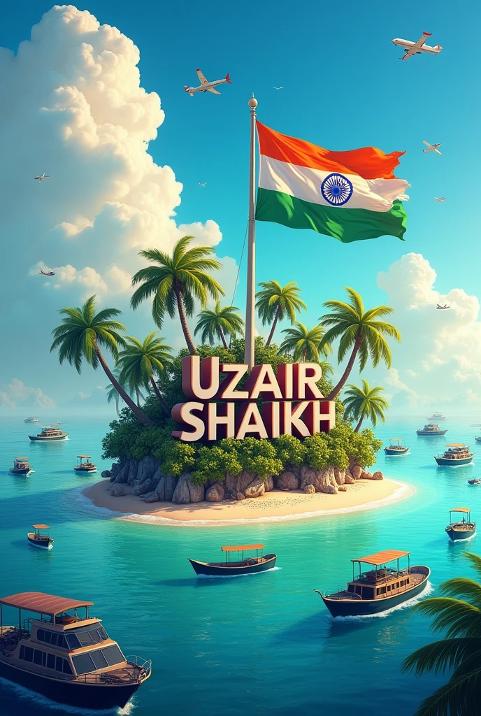 A tropical island with the name "Uzair Shaikh " written on a large sign, an Indian flag waving in the foreground, and various boats and aircraft in the background against a colorful sky