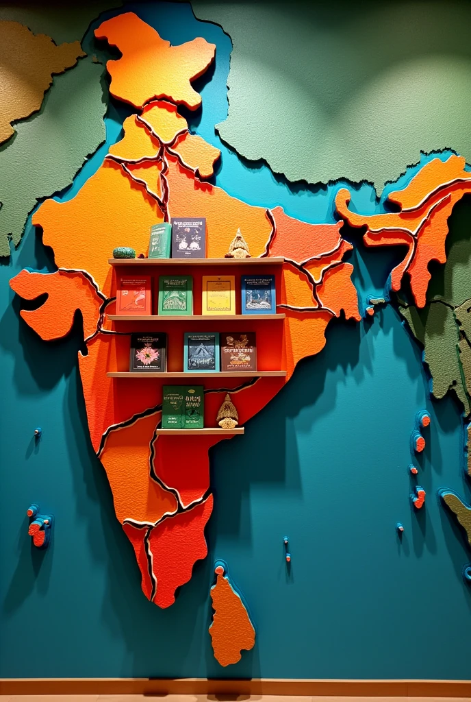 I want a wall with the map of India and Gujarat highlighted. A 3D art on wall with special books on Surat and Gujarat kept on it. book shelf should be on in the space of Gujarat. Specialilty like diamond , textile etc should be highlighted in the map