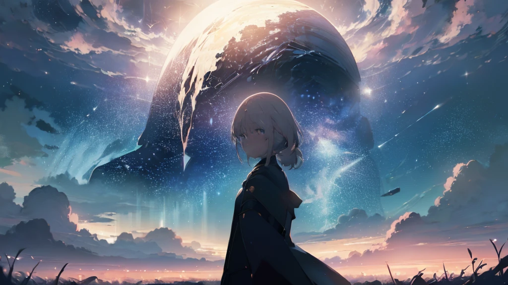 AN-94 (Girls' Frontline), ((1girl)), ((view from behind)), (masterpiece, high quality, enchanting illustration:1.3), (girl standing in a field beneath a big tree:1.2), (overlooking a starry sky with a visible huge planet descending:1.2), (capturing a moment of cosmic wonder and awe:1.2), (lush greenery and majestic tree framing the scene:1.1), (sparkling stars dotting the night sky:1.1), (giant planet on the horizon adding a sense of grandeur:1.2), (dreamlike atmosphere blending reality with fantasy:1.2), (mysterious and magical ambiance in the setting:1.2), (immersive composition drawing viewers into a celestial moment:1.2), (creating a blend of nature and the cosmos in a mesmerizing scene:1.3), (evoking a feeling of tranquility and curiosity under the vast starlit sky:1.2), (enchanting the audience with a breathtaking encounter under the cosmic).