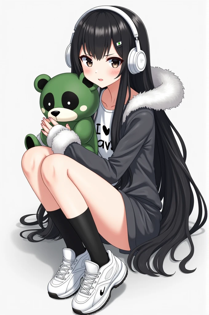 Female character long black hair with white headphones black Chinese eyes , white fur black hand warmers white tennis shoes and black socks, con un oso de peluche verde y negro y camisa que diga I ❤️ david 