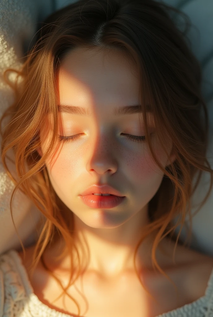 Young face, angelic, tender, innocent, feminine, Beautiful and delicate, yellow lighting, blue shadows, the lighting comes from the left, The face is facing forward and tilted upwards, dark blonde hair, skin very white, closed eyes, expression of peace, and very saturated colors, front face, thin lips, aspect