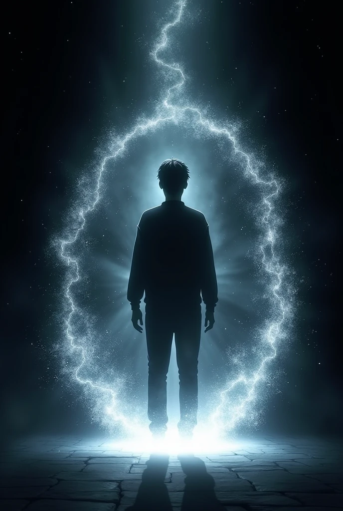 ((Best Quality)), ((masterpiece)), (detailed), an aura that senses the presence of others in anime style, all silver color, with the black silhouette of a simple person in the center. With a black background, and with a magical shock wave, that forms a semi-transparent sphere around it.