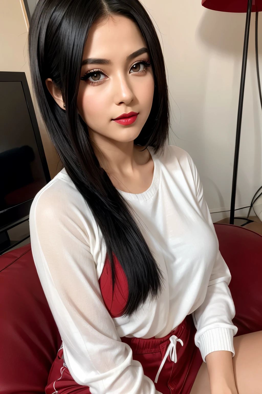 Sarada Uchiha, CG 8k ultra-realista, beautiful woman, seductive eyes, make-up, red lips, casual clothes