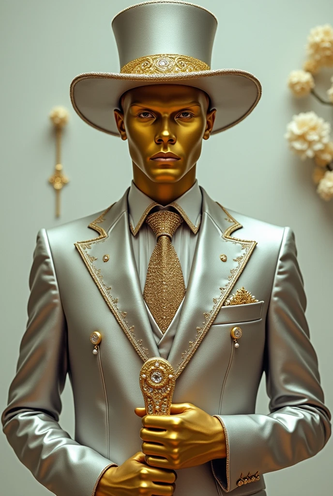 Create a man with a fancy old hat, the solid gold face, in a suit, and with a gold cane studded with diamonds , the man must look like the silver surfer
