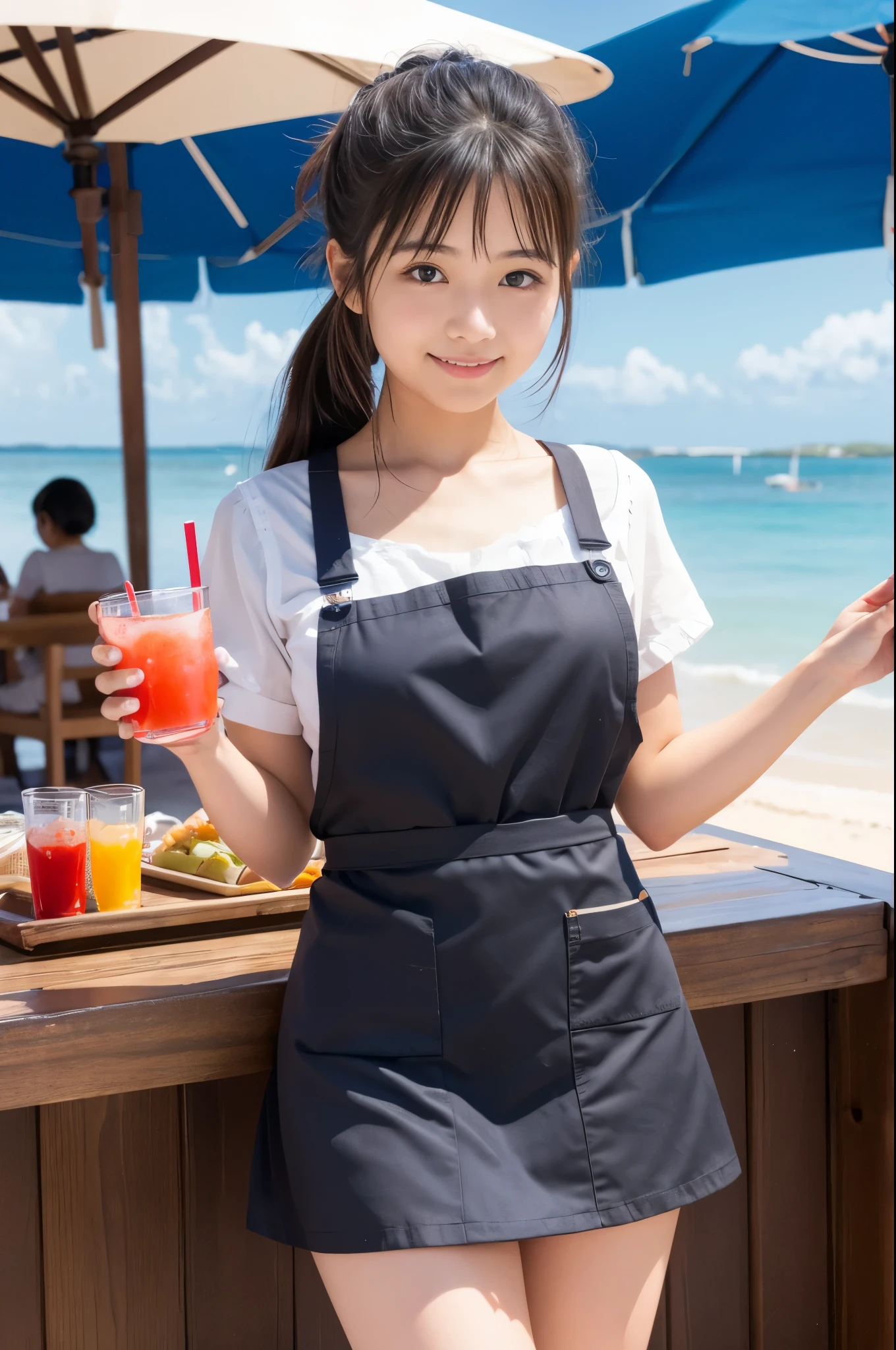 21 years old girl (Japanese cute face) is wearing apron, mini skirt and has fluits drink at the beach bar