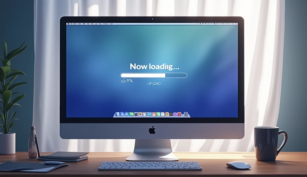 Wide Mac computer monitor,A closed white curtain behind the monitor,「Now loading...」Character,27%Loading bar,Loading screen,At the bottom right corner, click「UP LOAD」button, mouse pointer,Anime Style, Shooting from the side,High resolution, 