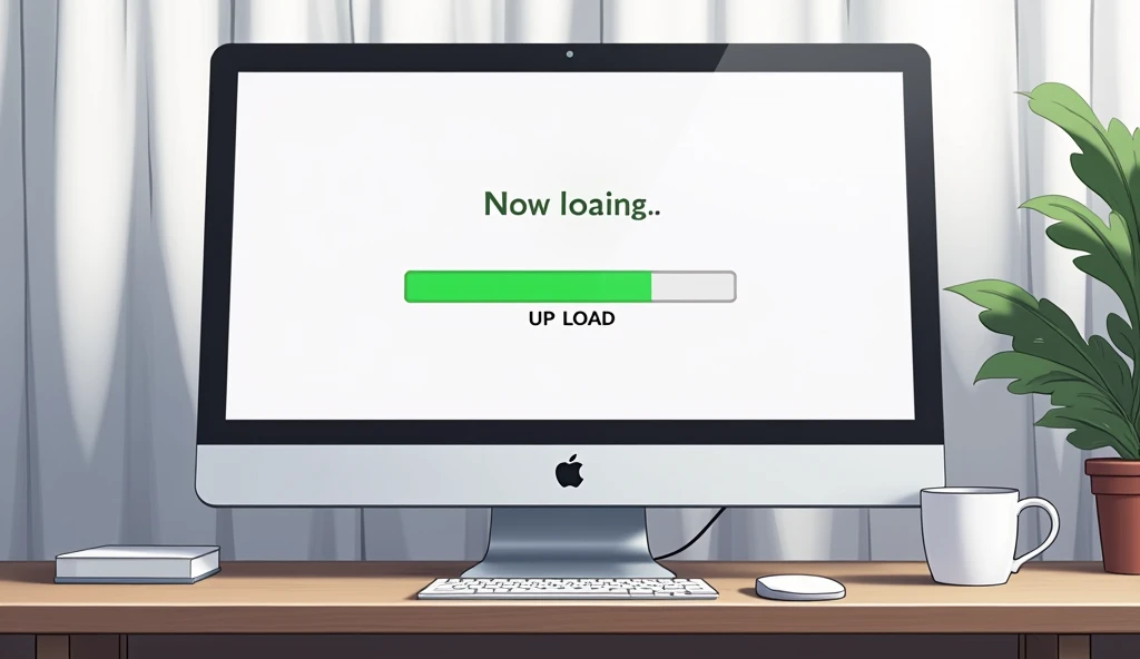 Wide Mac computer monitor,A closed white curtain behind the monitor,「Now loading...」Character,27%Loading bar,Loading screen,At the bottom right corner, click「UP LOAD」button, mouse pointer,Anime Style, Shooting from the side,High resolution,