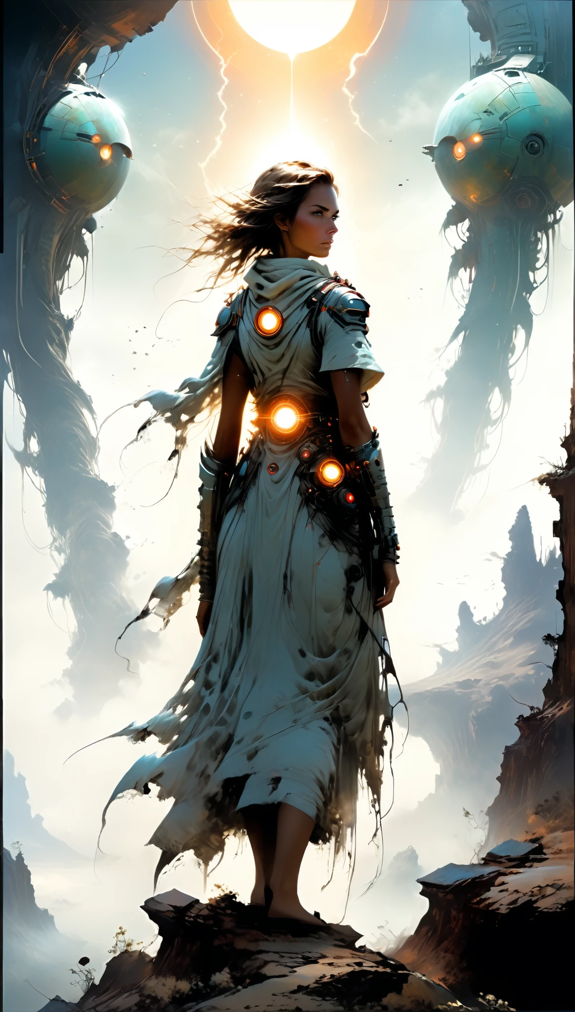  honest pure light woman standing on the edge of horizon looking at the viewer, sci fi art style of the masters, scavengers from the planet Mongo searching for the portal of existence,