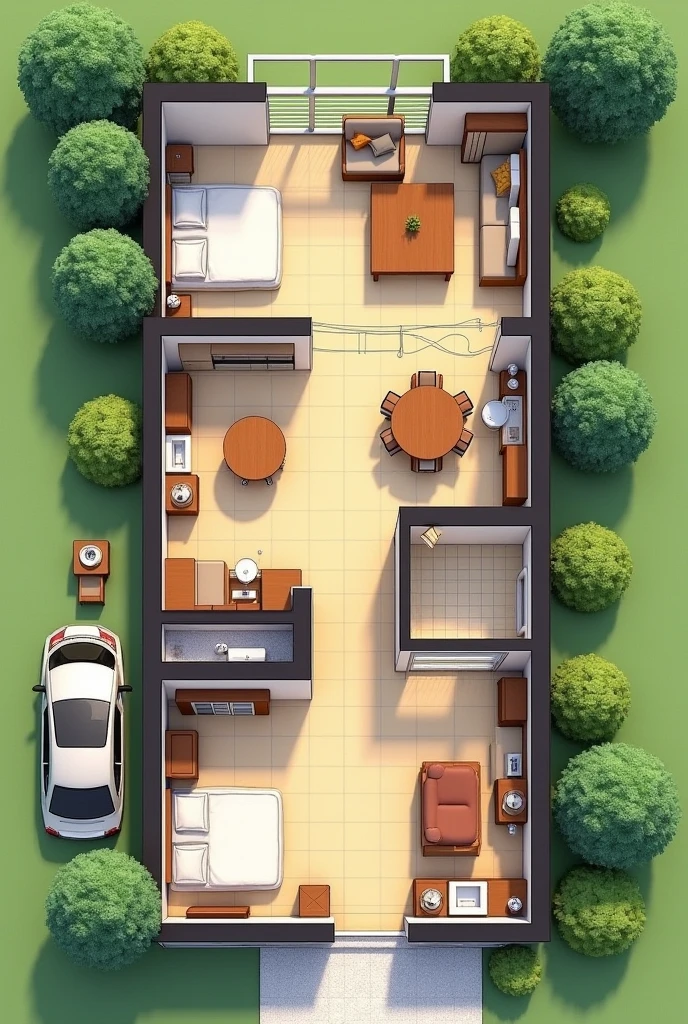 I want a one-story house with 2 bedrooms, 2 bathrooms, one between the two rooms and the other next to the laundry center, 1 car wash center, 1 room, kitchen and patio that is a common house type infonavit with all its furniture The room that is on the right, a bathroom and the laundry center to the left as well as the kitchen